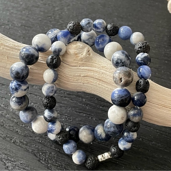 Sodalite & Lava Stone - Handmade Beaded Bracelet Set - Picture 5 of 10